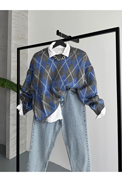 FERZOLAİO Plaid Patterned Gray Knitwear Sweater