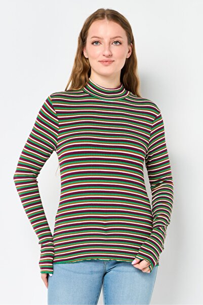 PROMOD Women Mock Neck Long Sleeve Stripe Top, Multicolor