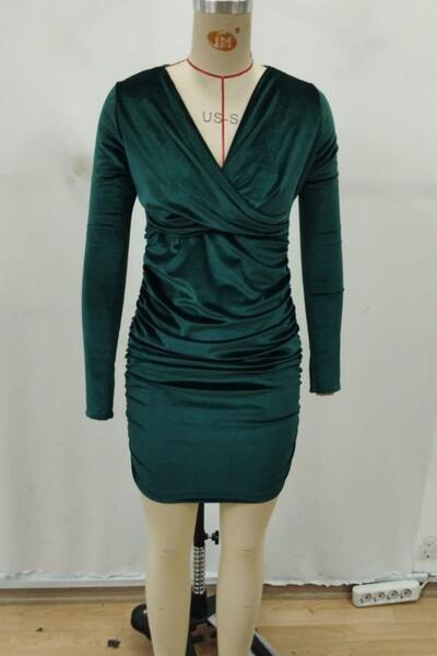 Mossta διπλό πέτο Μίνι βελούδινο φόρεμα με μακρυμάνικο λαιμόκοψη - Πράσινο