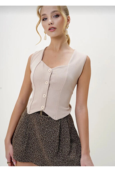 ZENGEZUR MALL Nrzsnt Crepe Fabric Buttoned Vest Beige S3395 (84026) (Size: m)