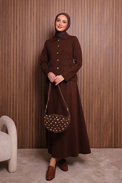 Balenbi Women's Tight Knit Polo Neck Cardigan with Skirt Hijab Knitwear Set 1151