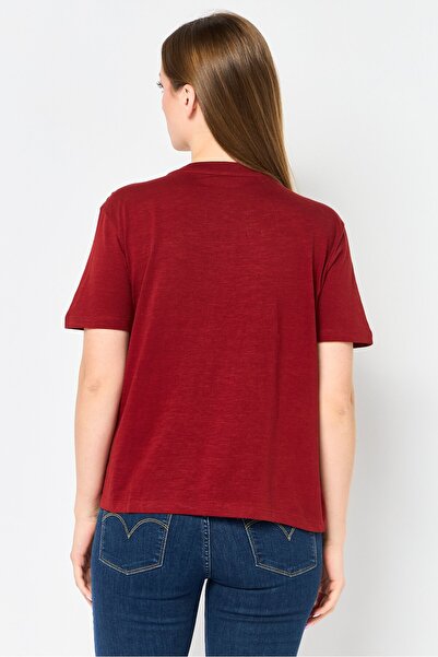Brave Soul Women Crew Neck Short Sleeve Embroidered T-Shirt, Burgundy