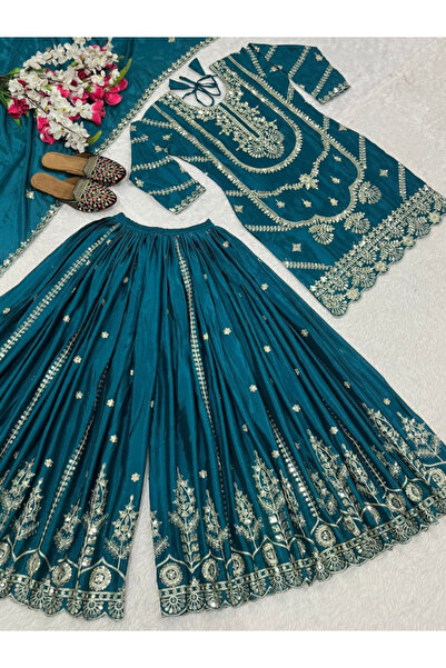 MYSMAR Blue Chinnon Silk Top Bottom & Dupatta - HRT3600 | Blue