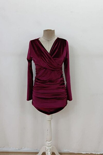 Mossta Double-Breasted Collar Long Sleeve Mini Velvet Dress - Burgundy