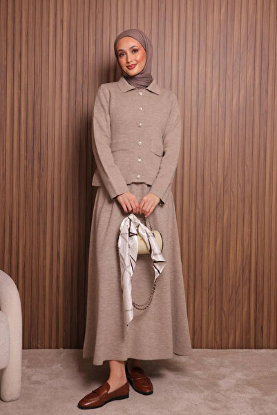 Balenbi Women's Tight Knit Polo Neck Cardigan with Skirt Hijab Knitwear Set 1151