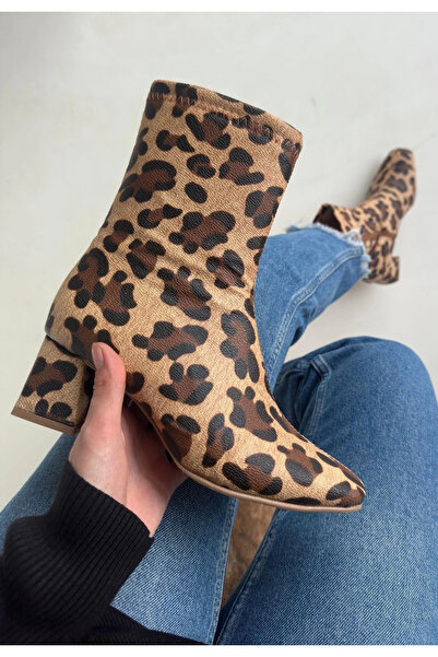 ZENGEZUR MALL Nrzsnt Birta Leopard Skin Stretch Heeled Boots (84437) (Size: 37)