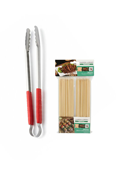 Generic طقم اعواد خشب البامبو للشوي + ملقاط مقاوم للصدأ 35 سم