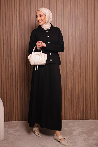 Balenbi Women's Tight Knit Polo Neck Cardigan with Skirt Hijab Knitwear Set 1151