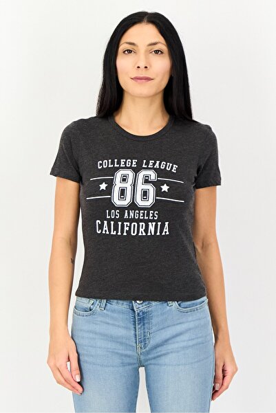 Brave Soul Women Crew Neck Short Sleeve Graphic Print T-Shirt, Charcoal