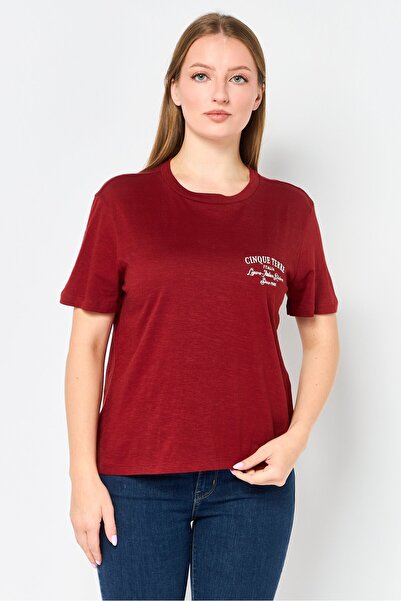 Brave Soul Women Crew Neck Short Sleeve Embroidered T-Shirt, Burgundy