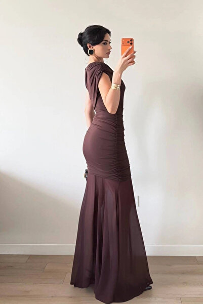 Eka Γυναικείο Φόρεμα Καφέ Πλαϊνό ντραπέ με Διαφανή Φούστα 1041-2636