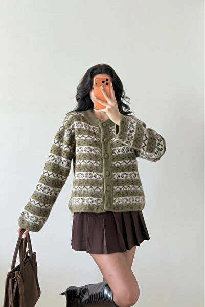 Eka Women's Khaki Ethnic Pattern Oversized Cardigan 1014-2566