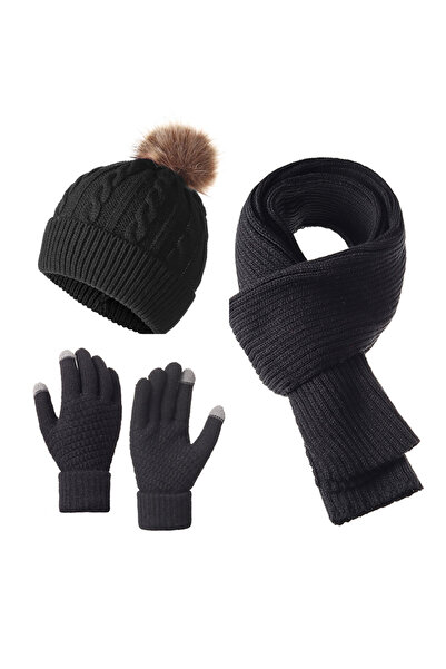NO BRAND Women's autumn/winter hat, scarf and gloves set, three-piece, knitte...