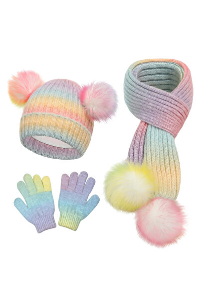 NO BRAND Cute 3-piece children's set - hat with pompom, scarf and gloves, war...