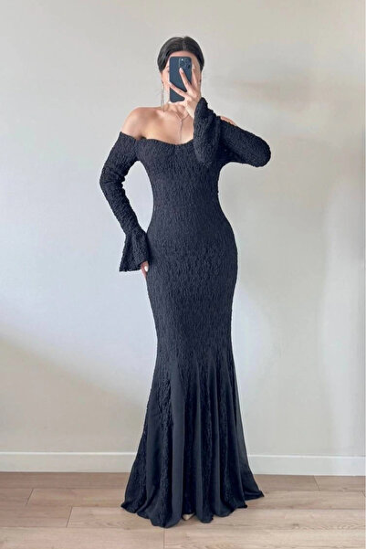 Eka Γυναικεία Μαύρη Φούστα Φόρεμα από σιφόν με λεπτομέρεια Garni δαντέλα 1041-2738