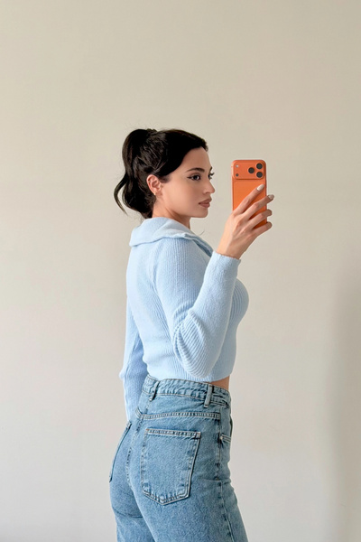 Eka Pulover crop albastru pentru femei 1014-2022