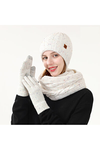NO BRAND Three-piece winter wool hat, scarf and gloves, with fleece lining fo...