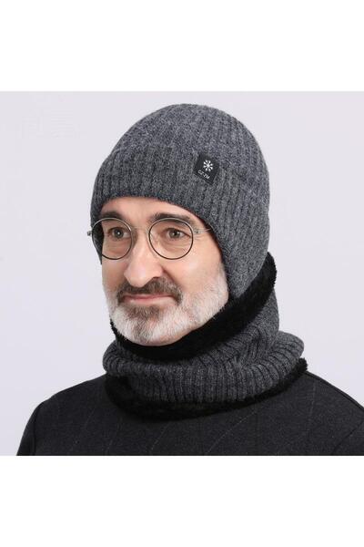 NO BRAND Warm knitted hat and beanie set with fleece lining, cotton wool hat ...