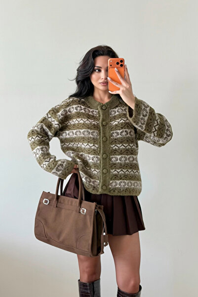 Eka Women's Khaki Ethnic Pattern Oversized Cardigan 1014-2566