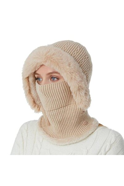 NO BRAND Knitted wool hat, collar with face mask, beige