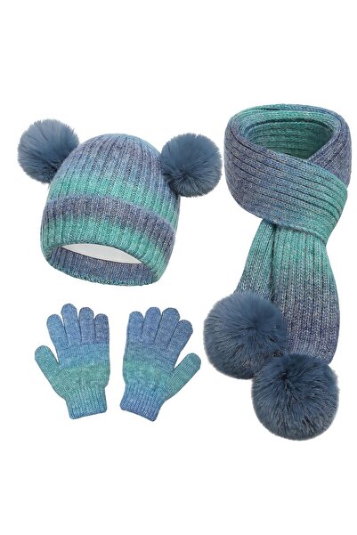 NO BRAND Cute 3-piece children's set - hat with pompom, scarf and gloves, war...