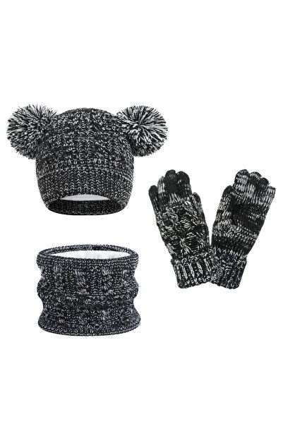 NO BRAND Children's hat set with pompom, three parts (hat + scarf + gloves) w...