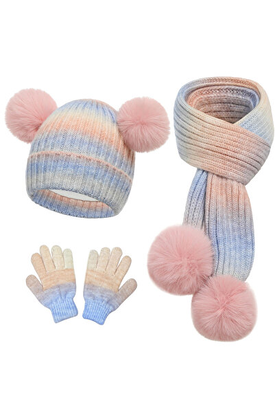 NO BRAND Cute 3-piece children's set - hat with pompom, scarf and gloves, war...