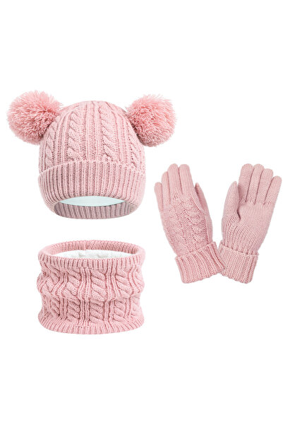 NO BRAND Children's hat with pompom, three-piece set (hat + scarf + gloves) w...