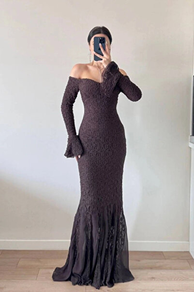 Eka Γυναικεία καφέ φούστα σιφόν Garni με λεπτομέρεια δαντέλας 1041-2738