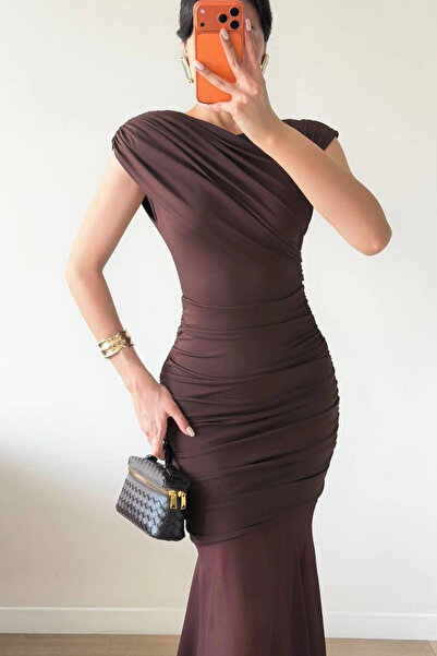 Eka Γυναικείο Φόρεμα Καφέ Πλαϊνό ντραπέ με Διαφανή Φούστα 1041-2636