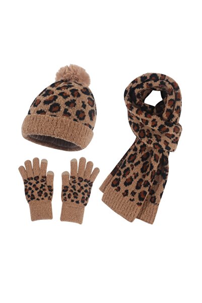 NO BRAND Women's warm knitted hat set (hat + scarf + gloves), light brown