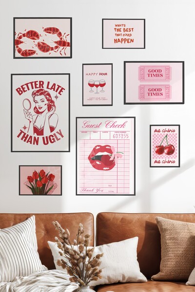 Postifull Çerçeveli Poster Seti, 8 Adet Siyah Çerçeve ve Poster Pembe Maximal...