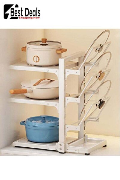 Best Deals رف أواني طهي قابل للتعديل بثلاث طبقات مع غطاء للتخزين وحوض تصريف -...