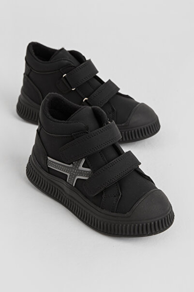 Tonny Black Children's Unisex Black Flexible Thermo Sole Double Velcro Strip Patterned Sports Short Boots