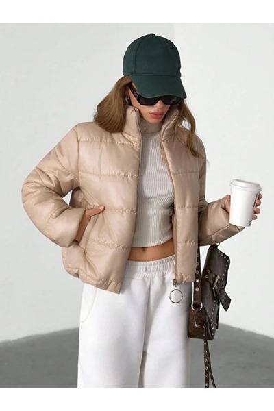 Hazinedan Women's Mink Waterproof Trendy Zippered Short Puffer Jacket