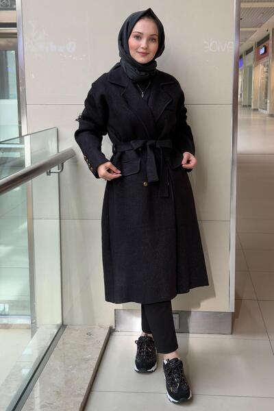 Ghisa Double-Breasted Collar Sequin Drawstring Knitwear Cap Coat