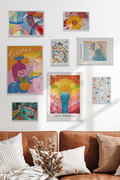 Postifull Çerçeveli Poster Seti, 8 Adet Beyaz Çerçeve ve Poster Maximalist Mu...