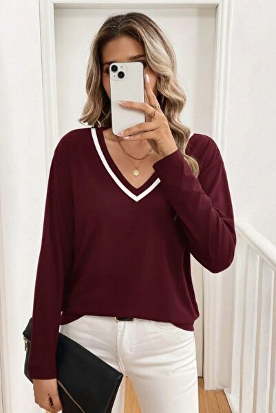 Mossta Piped Detail V-Neck Long Sleeve Basic Blouse - Burgundy