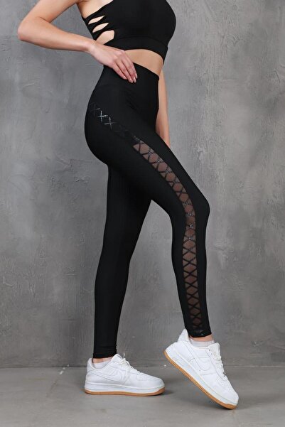 ANATOLIATEKSTILE Colanți Sport Negri cu Talie Înaltă, Detaliu Șiret Întrețesu...