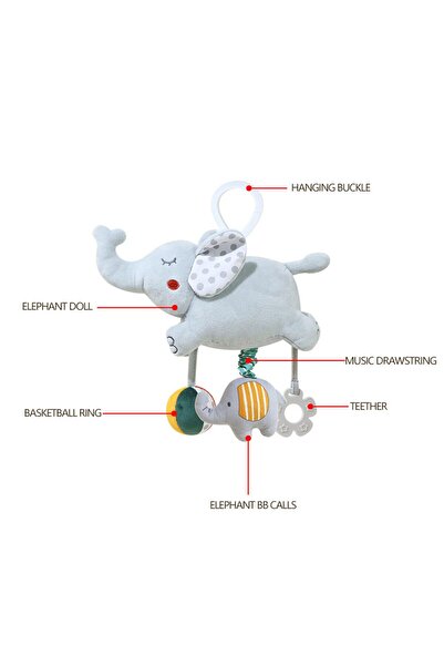 Generic Infant Baby Elephant Spiral Plush Activity Hanging Toy with Music Box, Squeaker and Teether (Grey)