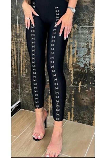 ANATOLIATEKSTILE Black Corset Leggings with Metal Studs, High Waist