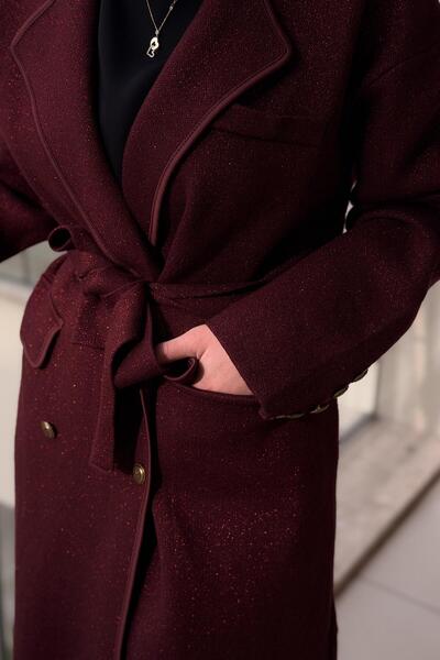 Ghisa Double-Breasted Collar Sequin Drawstring Knitwear Cap Coat