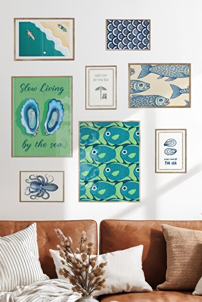 Postifull Çerçeveli Poster Seti, 8 Adet Ahşap Çerçeve ve Poster Turkuaz Mutfa...