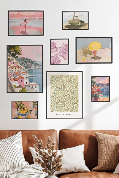 Postifull Çerçeveli Poster Seti, 8 Adet Siyah Çerçeve ve Poster Vintage Yaz T...