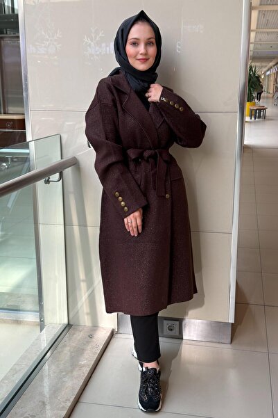 Ghisa Double-Breasted Collar Sequin Drawstring Knitwear Cap Coat