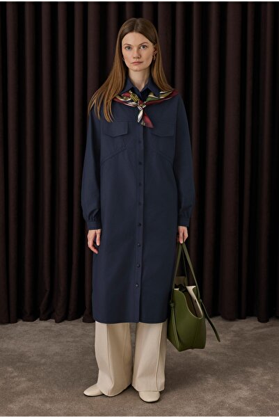 HEQA Μακρύ πουκάμισο λεπτομέρεια με σούρες Σκούρο μπλε ναυτικό