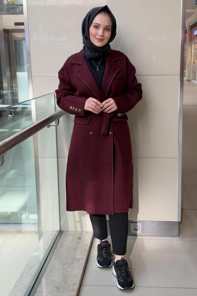 Ghisa Double-Breasted Collar Sequin Drawstring Knitwear Cap Coat