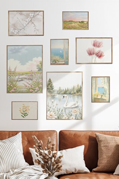 Postifull Çerçeveli Poster Seti, 8 Adet Ahşap Çerçeve ve Poster Pembe Vintage...