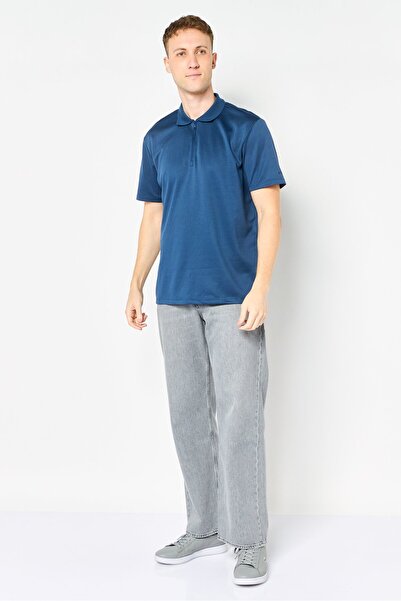 Chaps Men Regular Fit Textured Short Sleeve Half Zipper Polo Shirt, Navy Blue