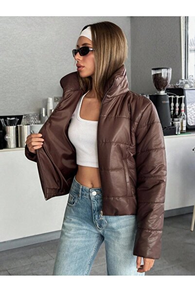 Hazinedan Women's Brown Waterproof Trendy Zippered Short Puffer Coat